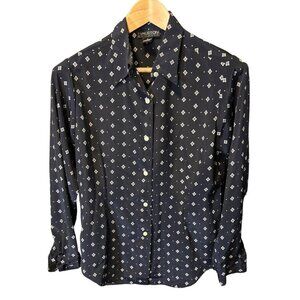 Halston Black Patterned Button Front Long Sleeve Blouse Top Sz 6